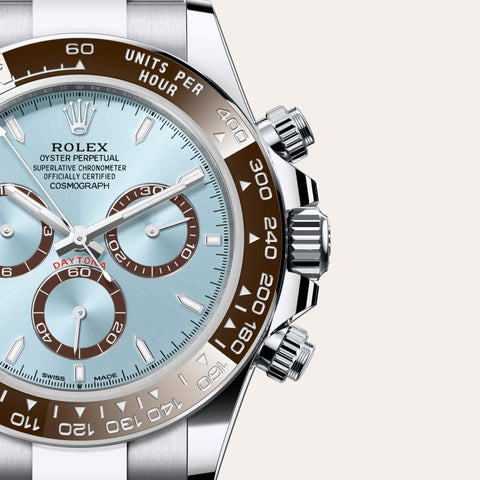 Dial closeup of a Rolex Cosmograph Daytona watch