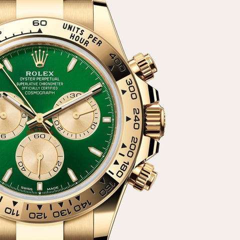 Dial closeup of a Rolex Cosmograph Daytona watch