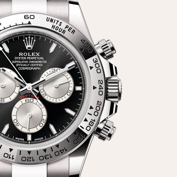 Dial closeup of a Rolex Cosmograph Daytona watch