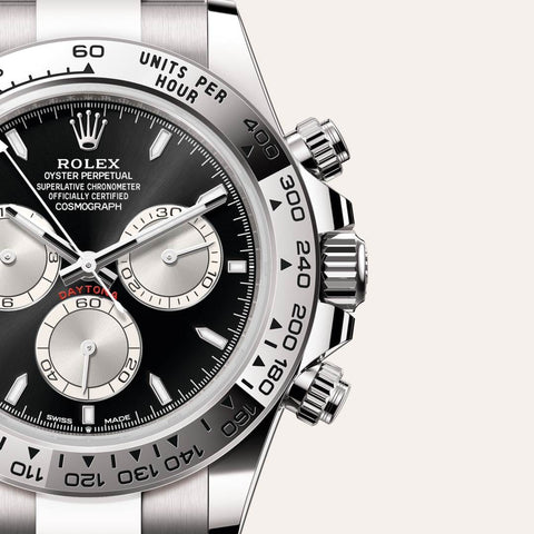 Dial closeup of a Rolex Cosmograph Daytona watch