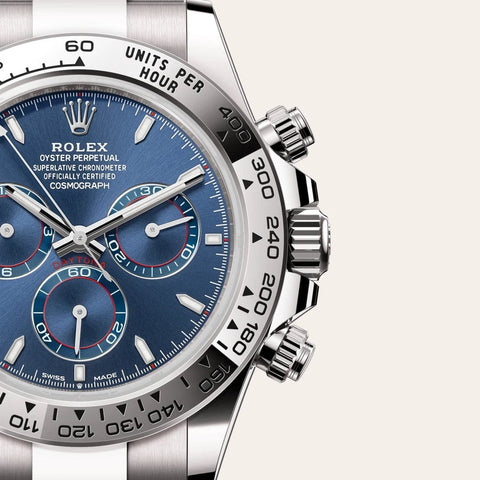 Dial closeup of a Rolex Cosmograph Daytona watch