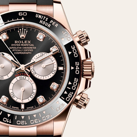 Dial closeup of a Rolex Cosmograph Daytona watch