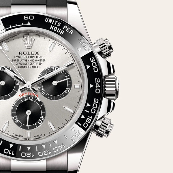 Dial closeup of a Rolex Cosmograph Daytona watch