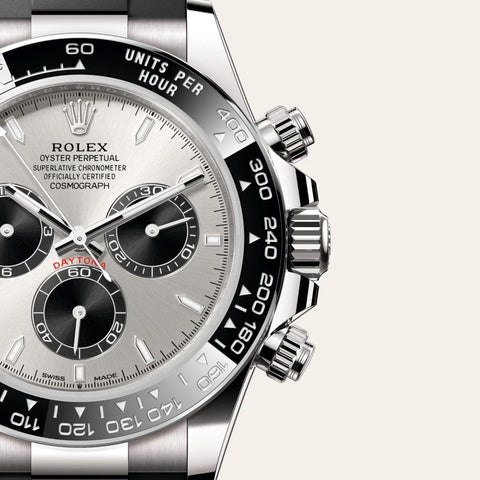 Dial closeup of a Rolex Cosmograph Daytona watch