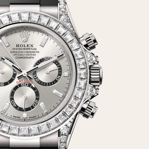 Dial closeup of a Rolex Cosmograph Daytona watch