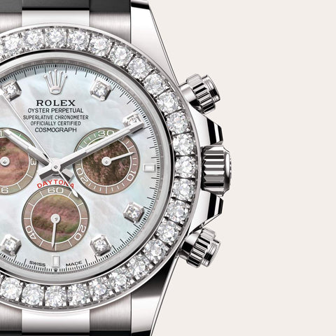 Dial closeup of a Rolex Cosmograph Daytona watch