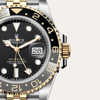 Dial closeup of a Rolex GMT-Master II watch