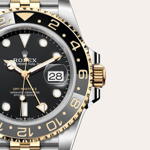 Dial closeup of a Rolex GMT-Master II watch