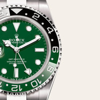 Dial closeup of a Rolex GMT-Master II watch