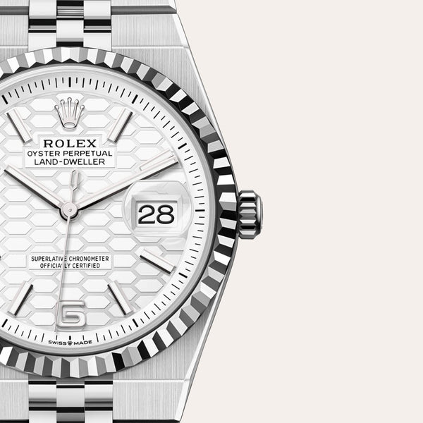 Dial closeup of a Rolex Land-Dweller watch