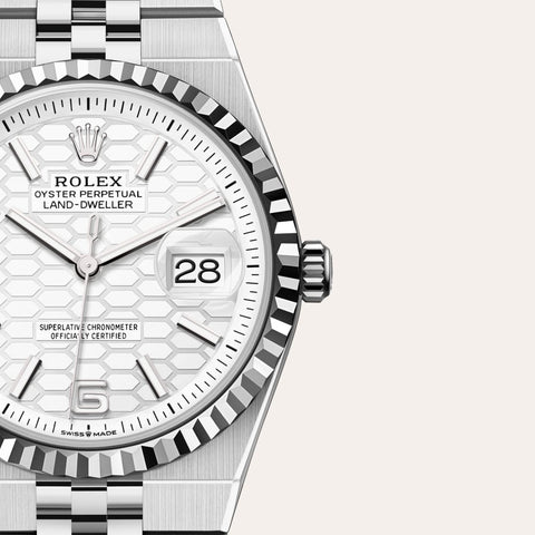 Dial closeup of a Rolex Land-Dweller watch