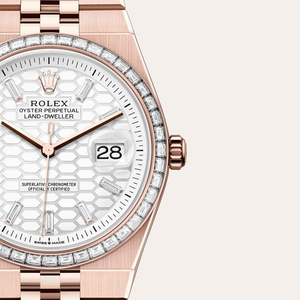 Dial closeup of a Rolex Land-Dweller watch