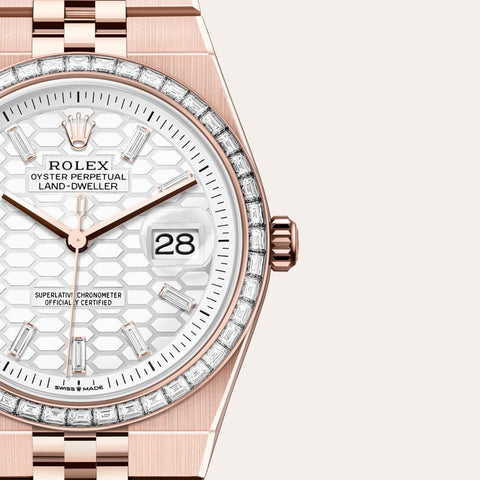 Dial closeup of a Rolex Land-Dweller watch