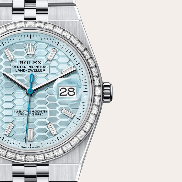 Dial closeup of a Rolex Land-Dweller watch