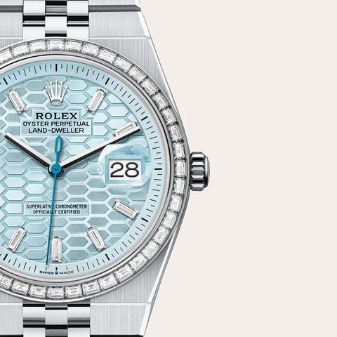 Dial closeup of a Rolex Land-Dweller watch