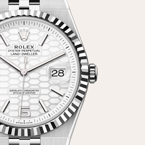 Dial closeup of a Rolex Land-Dweller watch