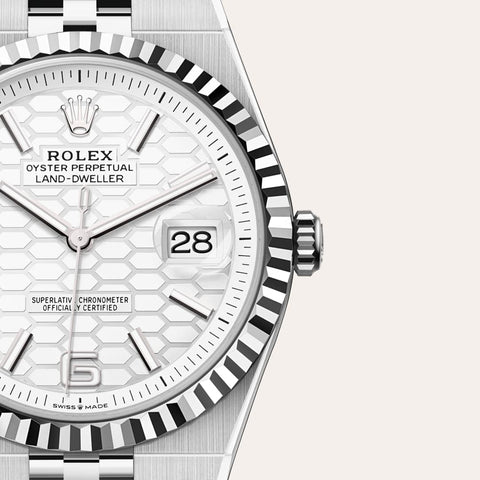 Dial closeup of a Rolex Land-Dweller watch