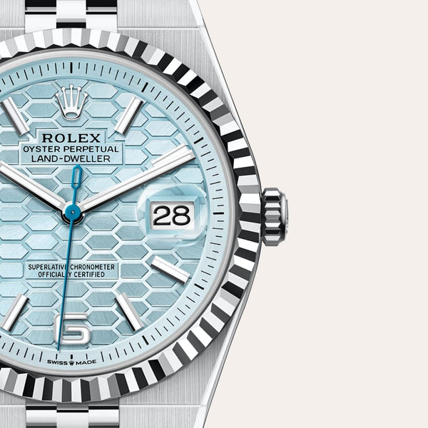 Dial closeup of a Rolex Land-Dweller watch