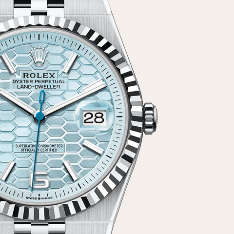 Dial closeup of a Rolex Land-Dweller watch