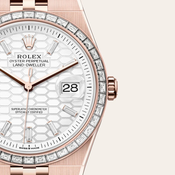 Dial closeup of a Rolex Land-Dweller watch