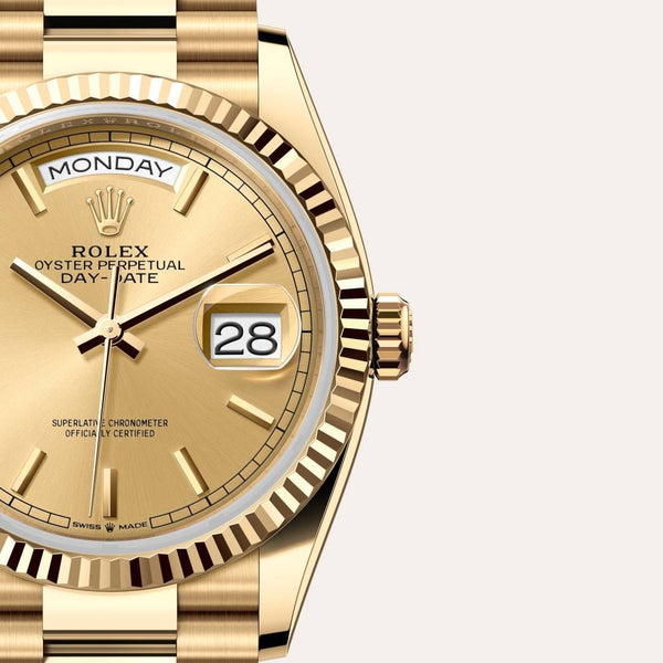 Dial closeup of a Rolex Day-Date watch