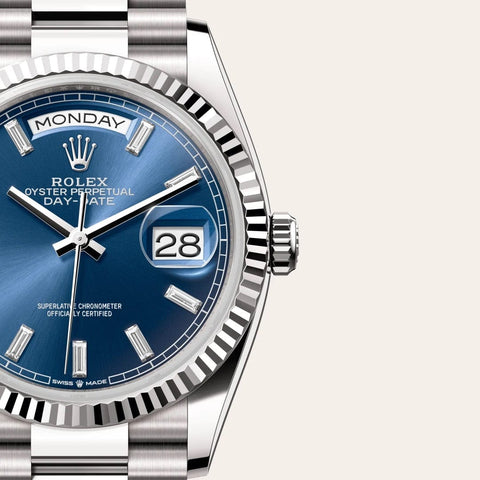 Dial closeup of a Rolex Day-Date watch