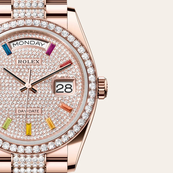 Dial closeup of a Rolex Day-Date watch