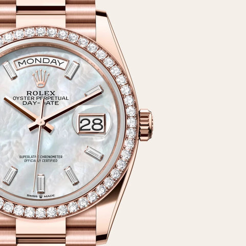 Dial closeup of a Rolex Day-Date watch