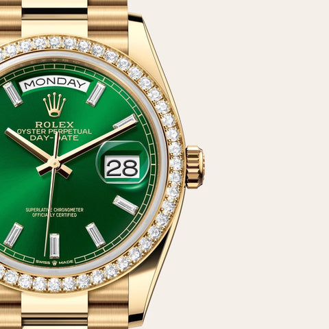 Dial closeup of a Rolex Day-Date watch
