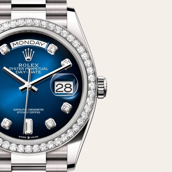 Dial closeup of a Rolex Day-Date watch