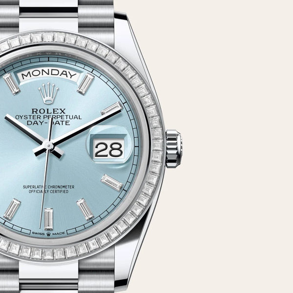 Dial closeup of a Rolex Day-Date watch