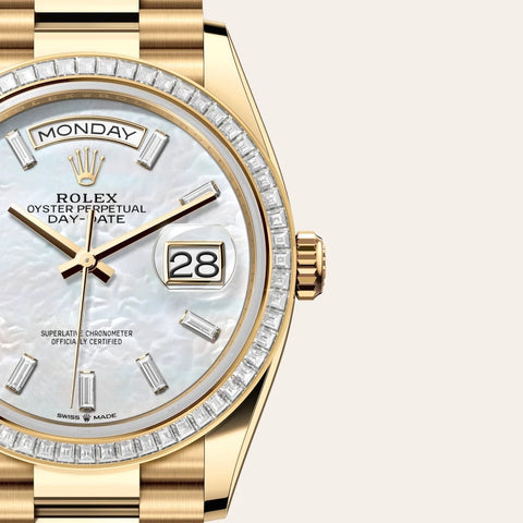 Dial closeup of a Rolex Day-Date watch