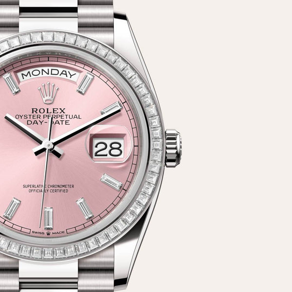 Dial closeup of a Rolex Day-Date watch