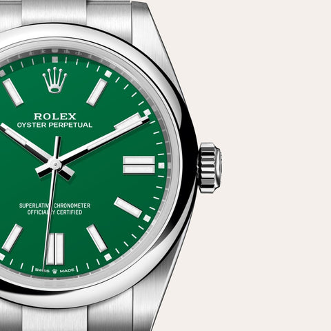 Dial closeup of a Rolex Oyster Perpetual watch