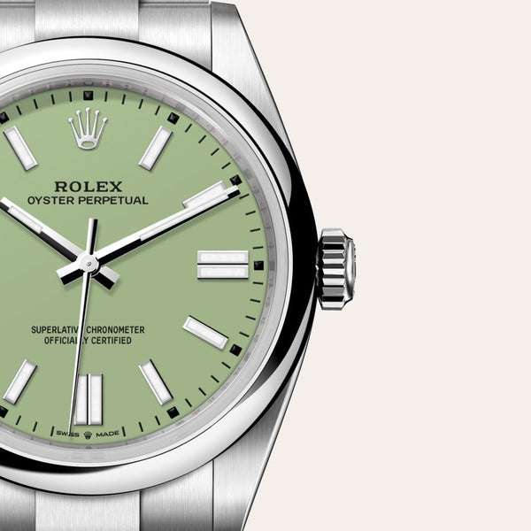 Dial closeup of a Rolex Oyster Perpetual watch