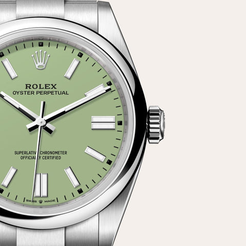 Dial closeup of a Rolex Oyster Perpetual watch