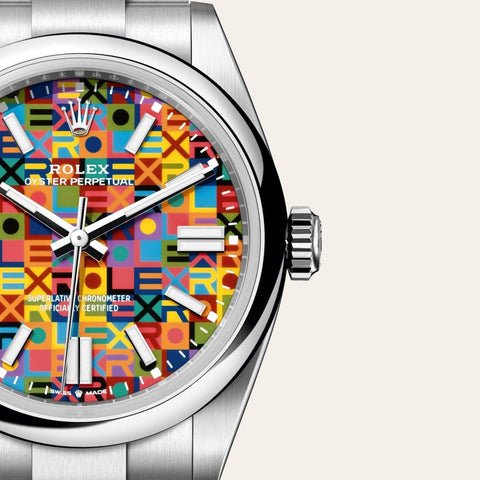 Dial closeup of a Rolex Oyster Perpetual watch