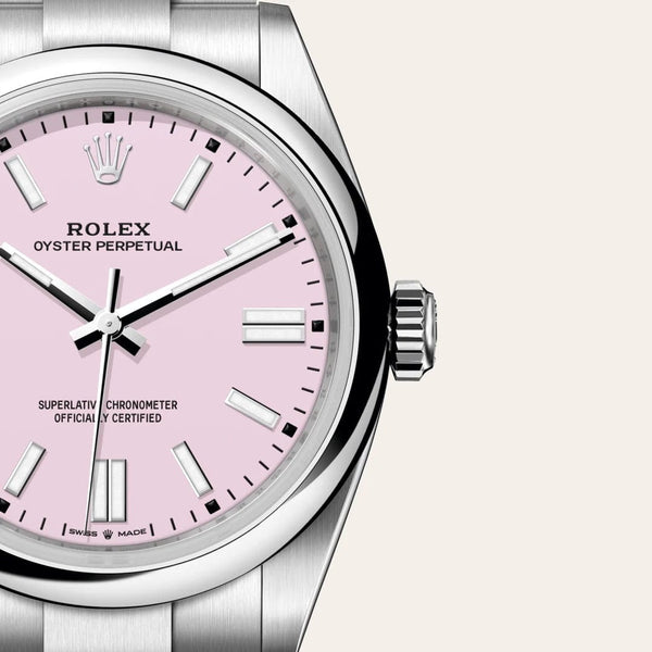 Dial closeup of a Rolex Oyster Perpetual watch