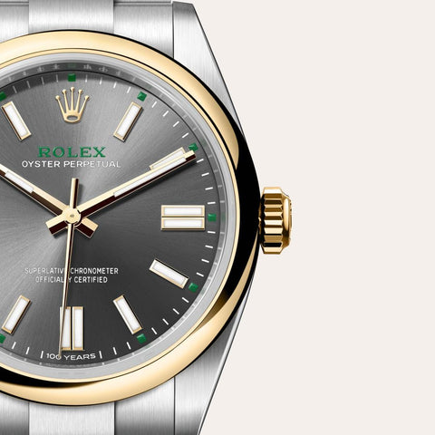 Dial closeup of a Rolex Oyster Perpetual watch