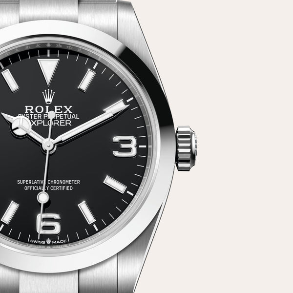 Dial closeup of a Rolex Explorer watch