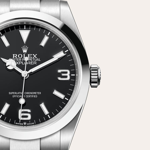 Dial closeup of a Rolex Explorer watch