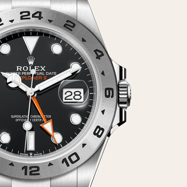 Dial closeup of a Rolex Explorer II watch