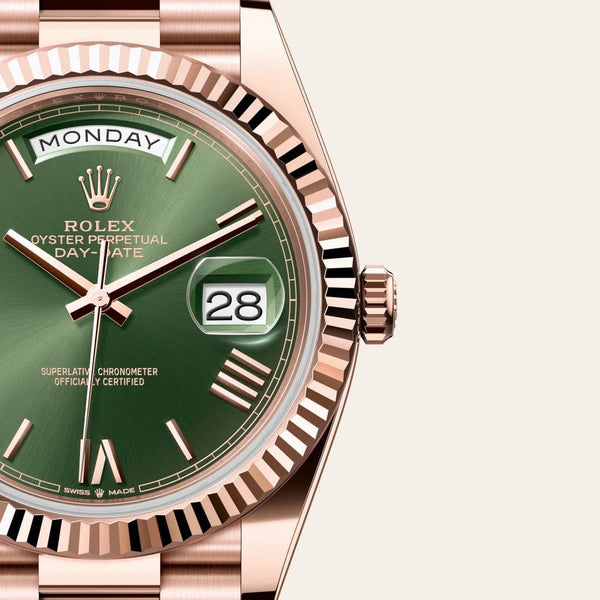 Dial closeup of a Rolex Day-Date watch