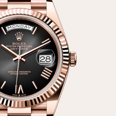 Dial closeup of a Rolex Day-Date watch
