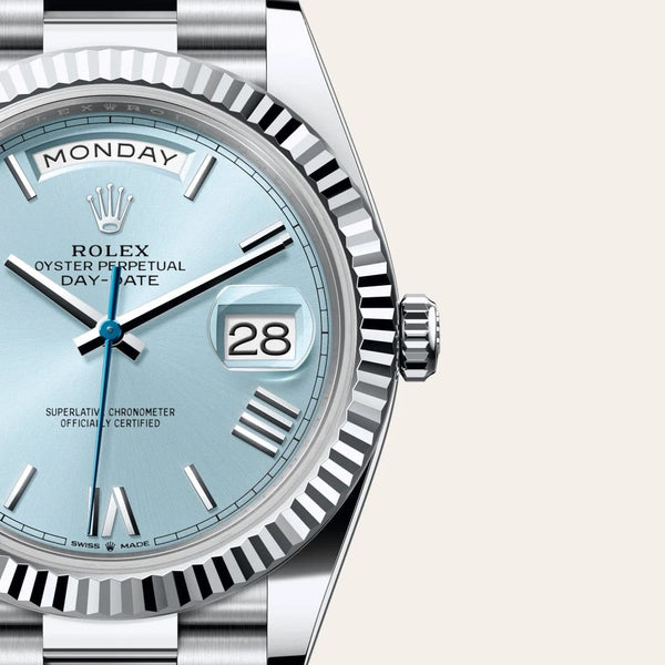Dial closeup of a Rolex Day-Date watch