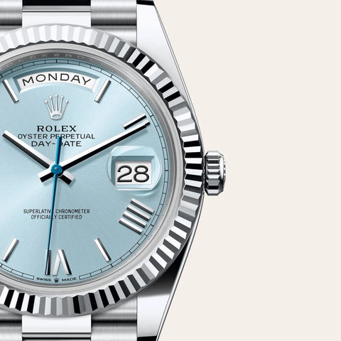 Dial closeup of a Rolex Day-Date watch