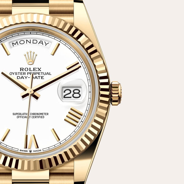 Dial closeup of a Rolex Day-Date watch