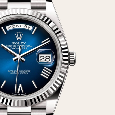 Dial closeup of a Rolex Day-Date watch
