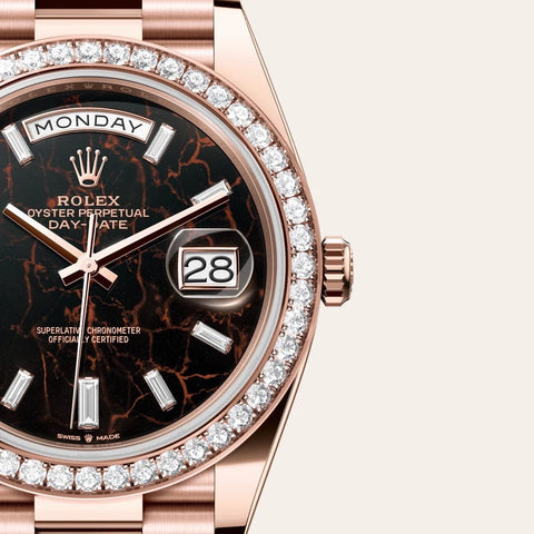 Dial closeup of a Rolex Day-Date watch