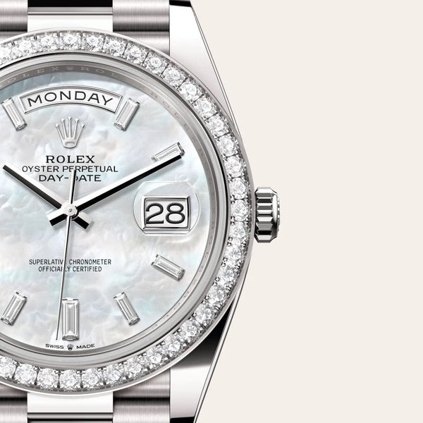Dial closeup of a Rolex Day-Date watch